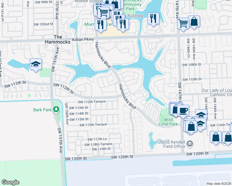 map of restaurants, bars, coffee shops, grocery stores, and more near 15261 Southwest 111th Street in Miami