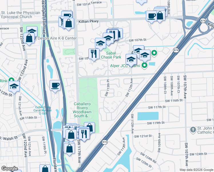 map of restaurants, bars, coffee shops, grocery stores, and more near 11375 Southwest 112th Circle Lane South in Miami