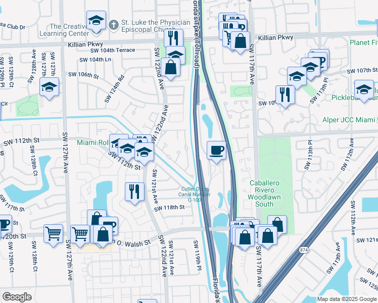 map of restaurants, bars, coffee shops, grocery stores, and more near 11919 Southwest 110th Street Circle West in Miami