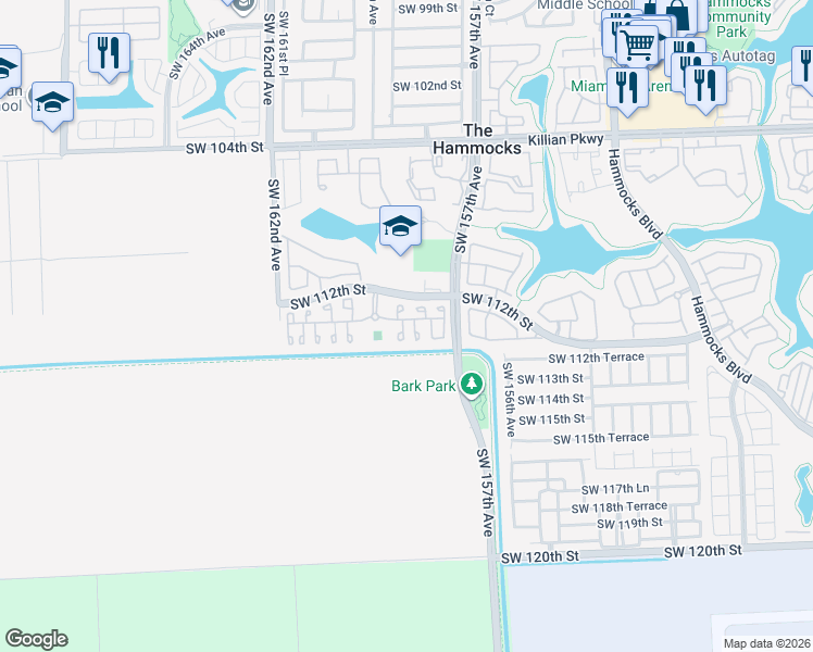 map of restaurants, bars, coffee shops, grocery stores, and more near 11286 Southwest 159th Avenue in Miami