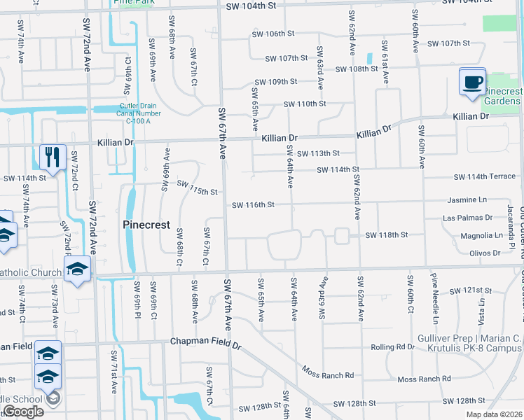 map of restaurants, bars, coffee shops, grocery stores, and more near 6465 Southwest 116th Street in Miami