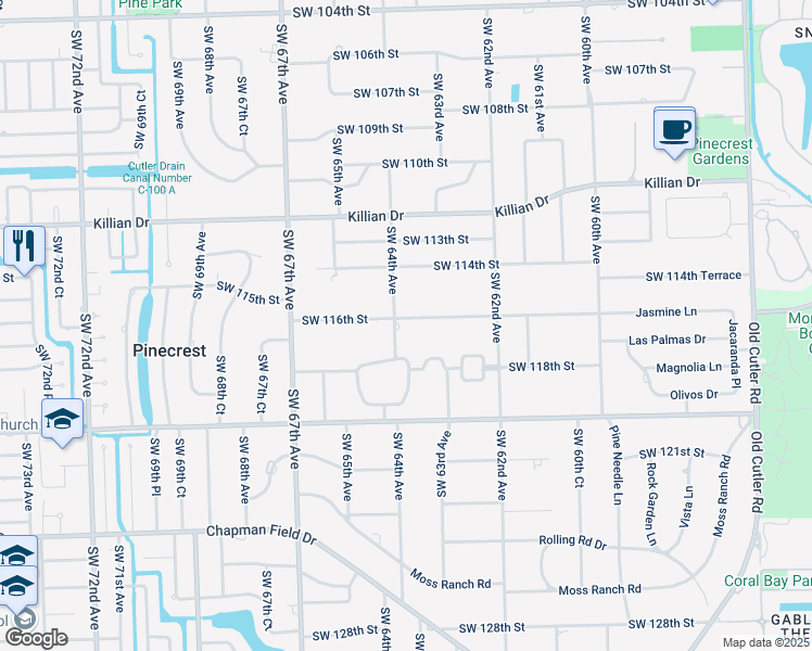 map of restaurants, bars, coffee shops, grocery stores, and more near 11601 Southwest 64th Avenue in Miami