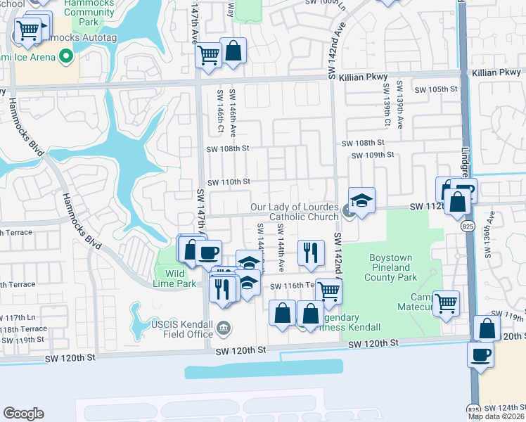 map of restaurants, bars, coffee shops, grocery stores, and more near 14461 Southwest 111th Terrace in Miami
