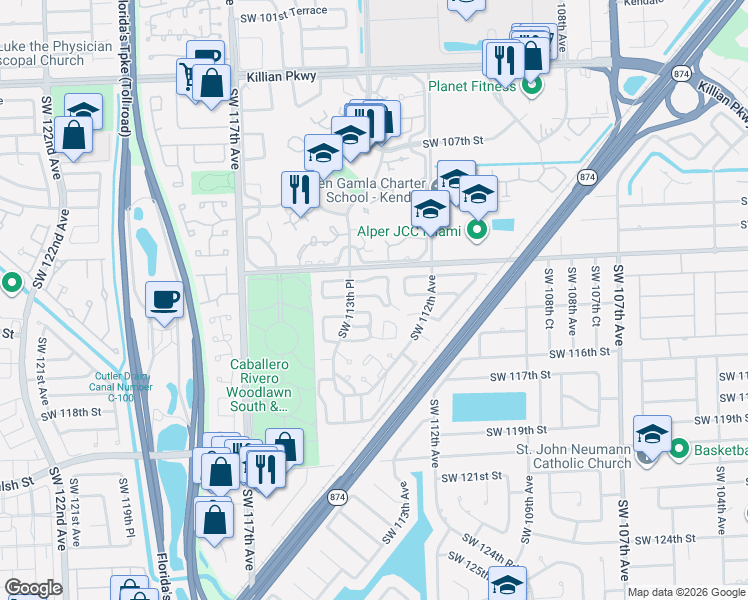 map of restaurants, bars, coffee shops, grocery stores, and more near 11263 Southwest 112th Circle Lane North in Miami