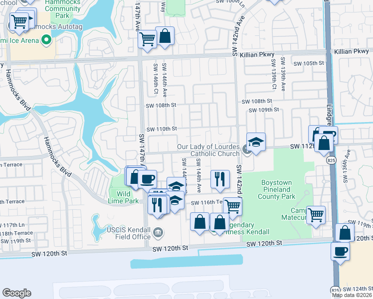 map of restaurants, bars, coffee shops, grocery stores, and more near 14461 Southwest 111th Terrace in Miami