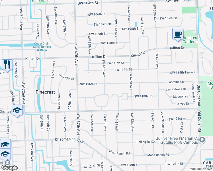 map of restaurants, bars, coffee shops, grocery stores, and more near 11601 Southwest 64th Avenue in Miami
