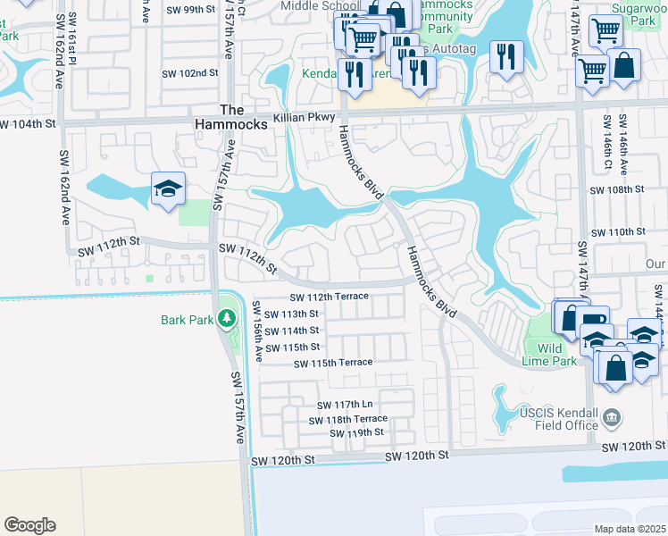 map of restaurants, bars, coffee shops, grocery stores, and more near 11111 Southwest 154th Place in Miami