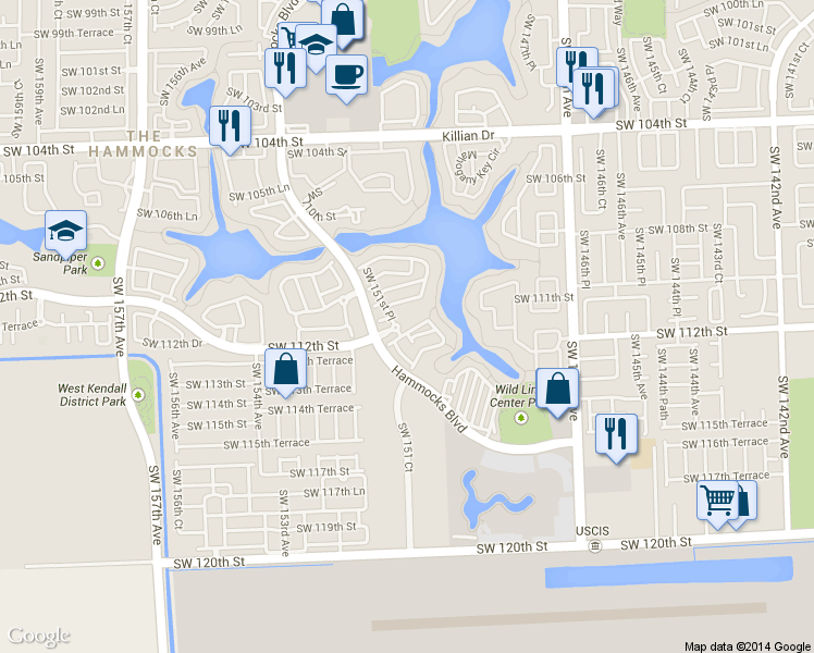 map of restaurants, bars, coffee shops, grocery stores, and more near 15111 Southwest 112th Terrace in Miami