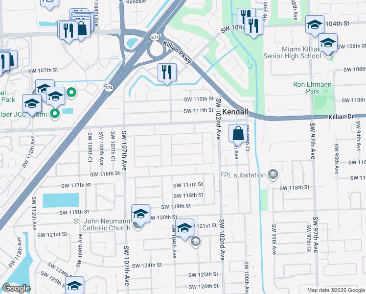 map of restaurants, bars, coffee shops, grocery stores, and more near 10360 Southwest 114th Street in Miami