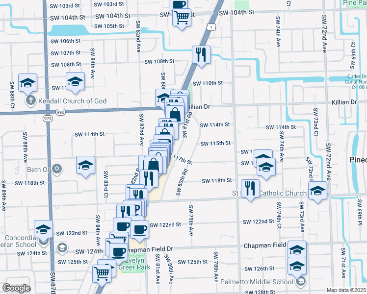 map of restaurants, bars, coffee shops, grocery stores, and more near 11502 Southwest 81st Road in Pinecrest