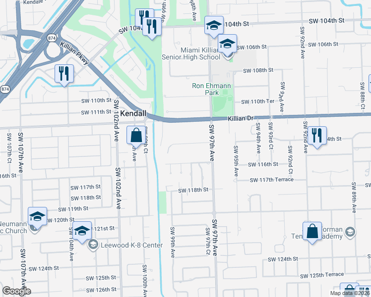 map of restaurants, bars, coffee shops, grocery stores, and more near 9830 Southwest 114th Street in Miami