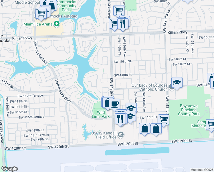 map of restaurants, bars, coffee shops, grocery stores, and more near 14712 Southwest 111th Terrace in Miami