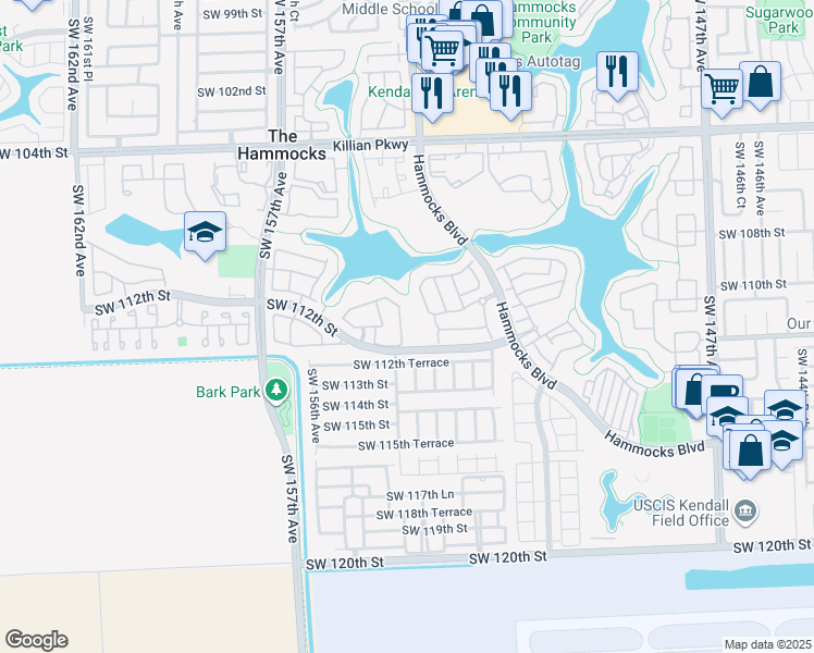 map of restaurants, bars, coffee shops, grocery stores, and more near 11111 Southwest 154th Place in Miami