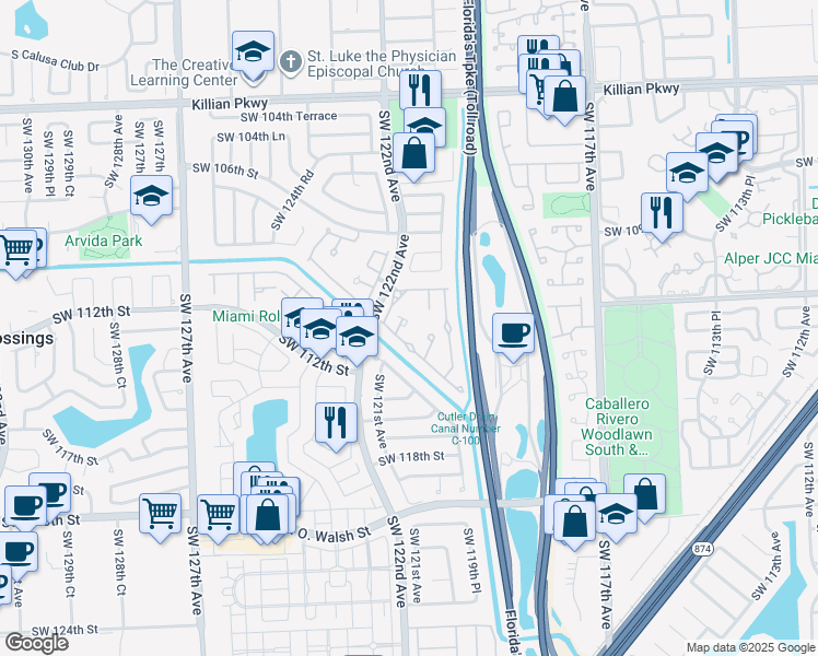 map of restaurants, bars, coffee shops, grocery stores, and more near 12121 Southwest 110th Stcr South in Miami