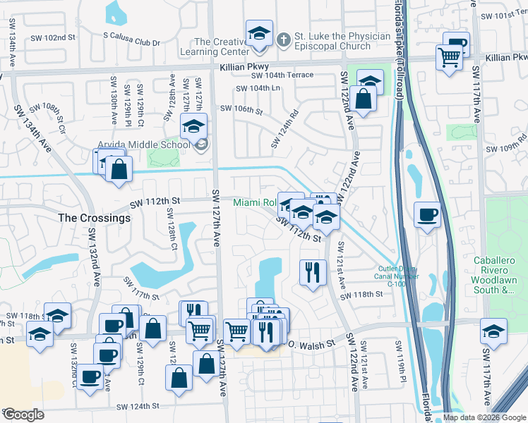 map of restaurants, bars, coffee shops, grocery stores, and more near 12407 Southwest 112th Terrace in Miami