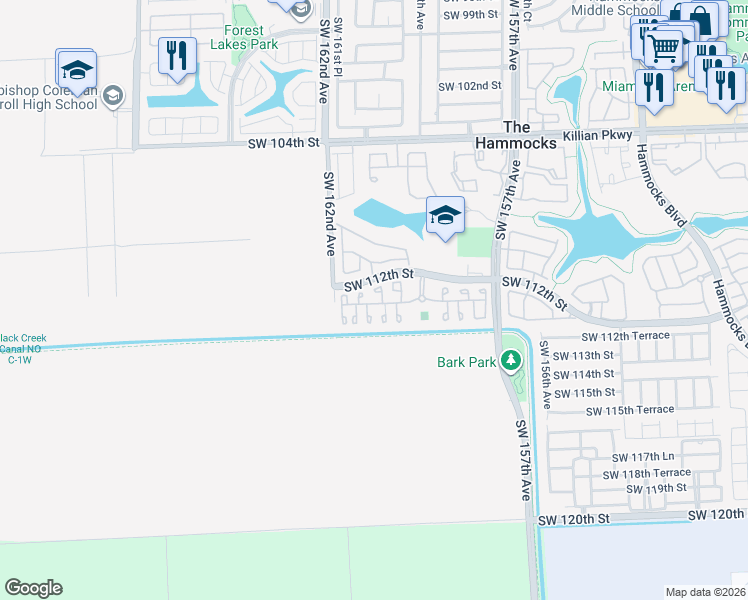 map of restaurants, bars, coffee shops, grocery stores, and more near 11266 Southwest 160th Court in Miami