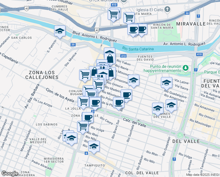 map of restaurants, bars, coffee shops, grocery stores, and more near 347 Río Madeira in Monterrey