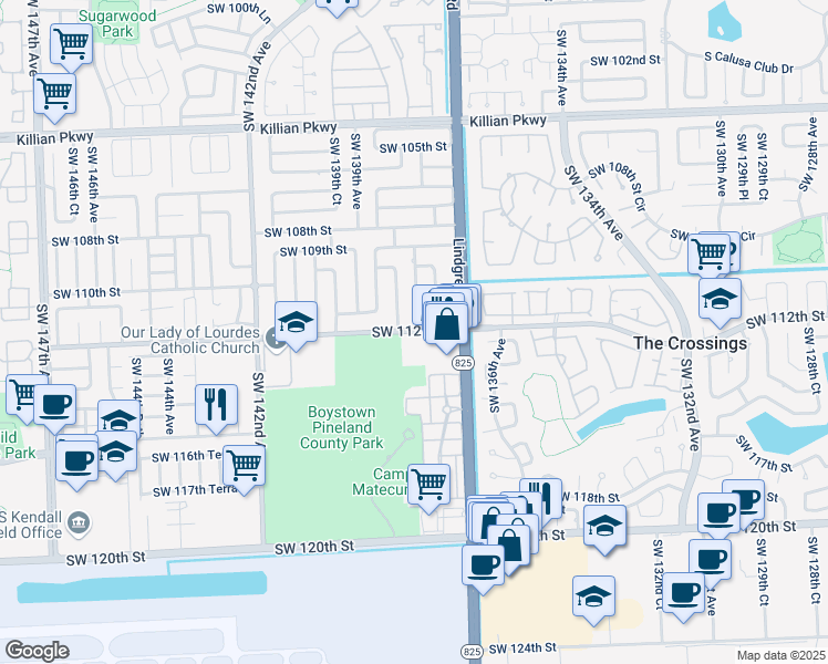 map of restaurants, bars, coffee shops, grocery stores, and more near 13830 Southwest 112th Street in Miami
