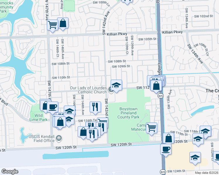 map of restaurants, bars, coffee shops, grocery stores, and more near 11121 Southwest 142nd Avenue in Miami