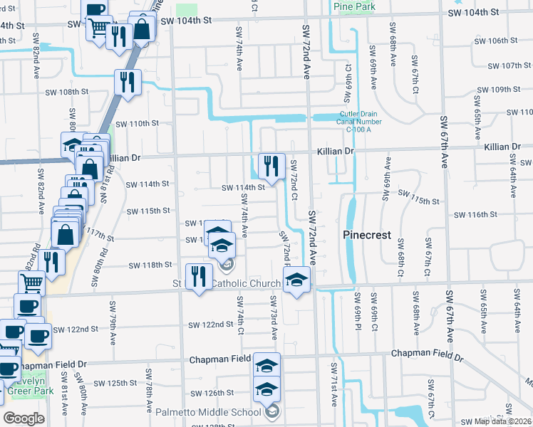map of restaurants, bars, coffee shops, grocery stores, and more near 7331 Southwest 116th Street in Miami
