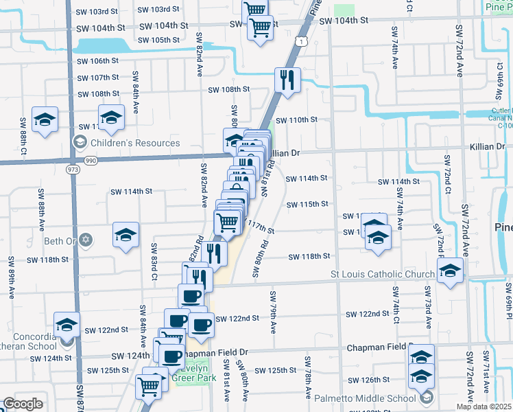 map of restaurants, bars, coffee shops, grocery stores, and more near 11502 Southwest 81st Road in Pinecrest