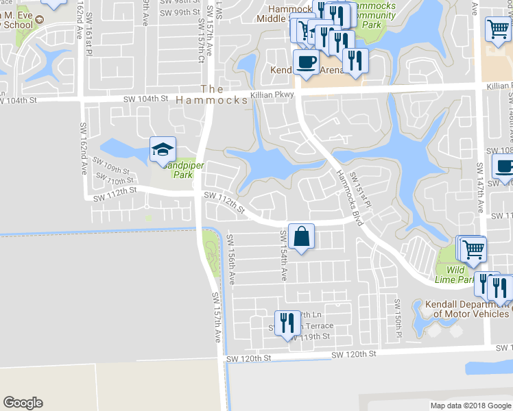 map of restaurants, bars, coffee shops, grocery stores, and more near 15539 Southwest 111th Terrace in Miami