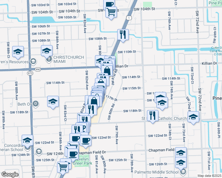map of restaurants, bars, coffee shops, grocery stores, and more near 11502 Southwest 81st Road in Pinecrest