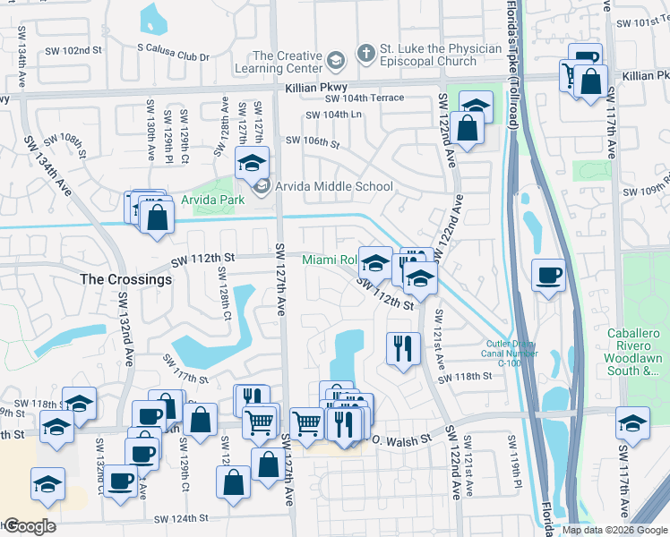 map of restaurants, bars, coffee shops, grocery stores, and more near 12407 Southwest 112th Terrace in Miami