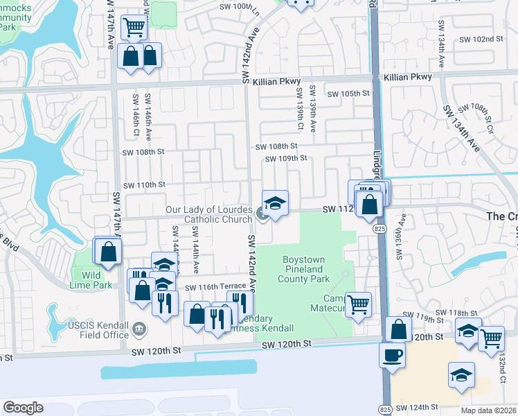 map of restaurants, bars, coffee shops, grocery stores, and more near 11121 Southwest 142nd Avenue in Miami