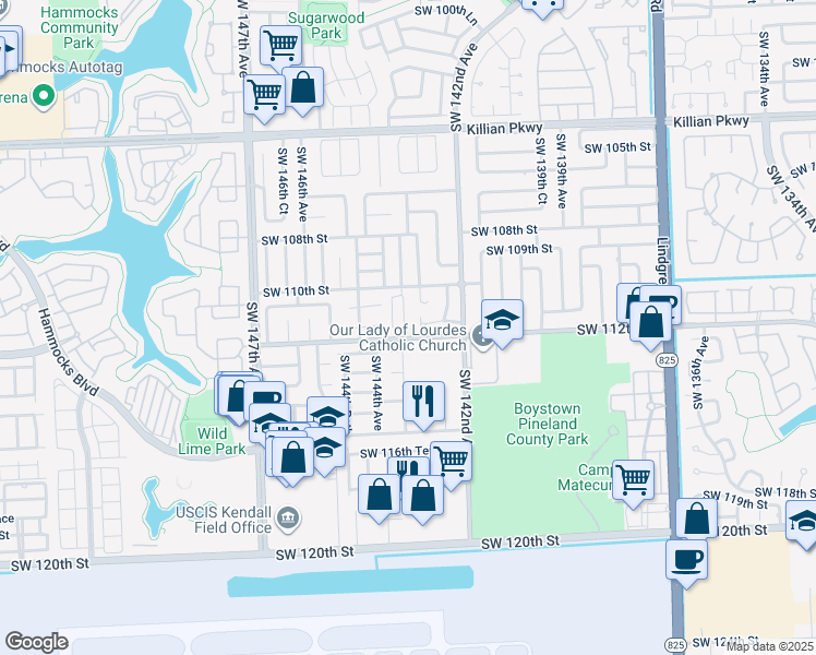 map of restaurants, bars, coffee shops, grocery stores, and more near 11120 Southwest 143rd Place in Miami