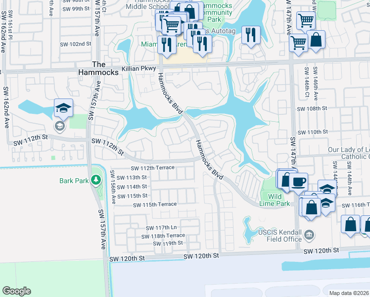 map of restaurants, bars, coffee shops, grocery stores, and more near 15261 Southwest 111th Street in Miami