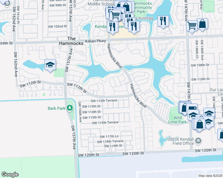 map of restaurants, bars, coffee shops, grocery stores, and more near 11036 SW 153rd Ct in Miami