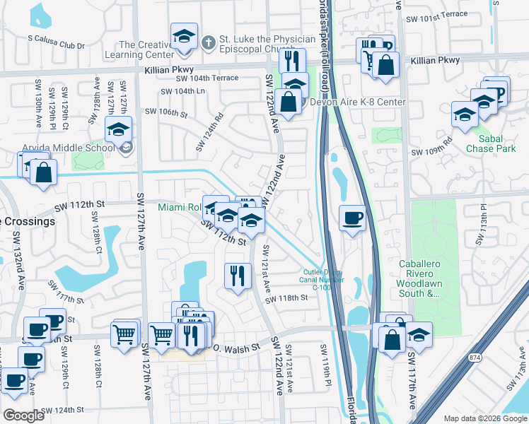map of restaurants, bars, coffee shops, grocery stores, and more near 12122 SW 110th Street Circle South in Miami
