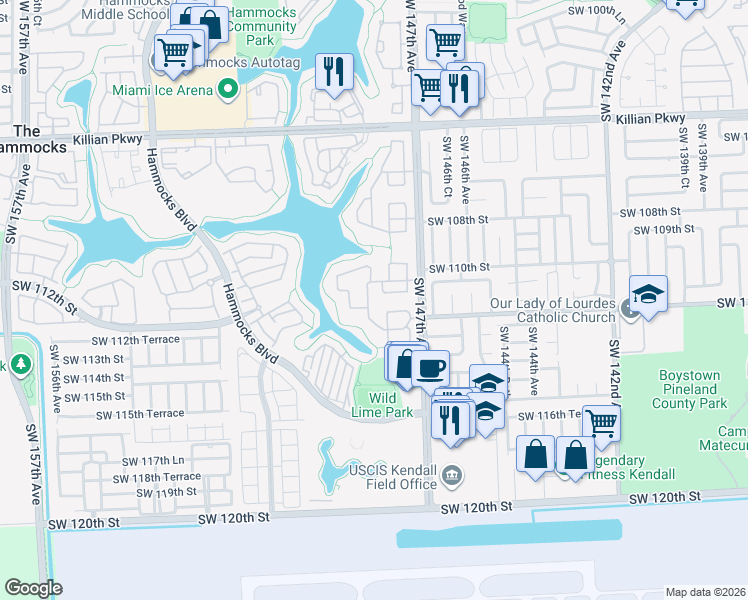 map of restaurants, bars, coffee shops, grocery stores, and more near 11123 SW 148th Ct in Miami