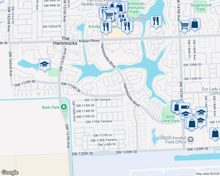 map of restaurants, bars, coffee shops, grocery stores, and more near 15323 Southwest 111th Street in Miami