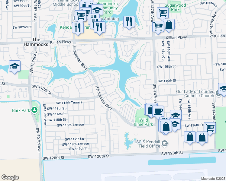 map of restaurants, bars, coffee shops, grocery stores, and more near 15111 Southwest 112th Terrace in Miami