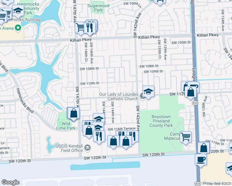 map of restaurants, bars, coffee shops, grocery stores, and more near 11120 Southwest 143rd Place in Miami