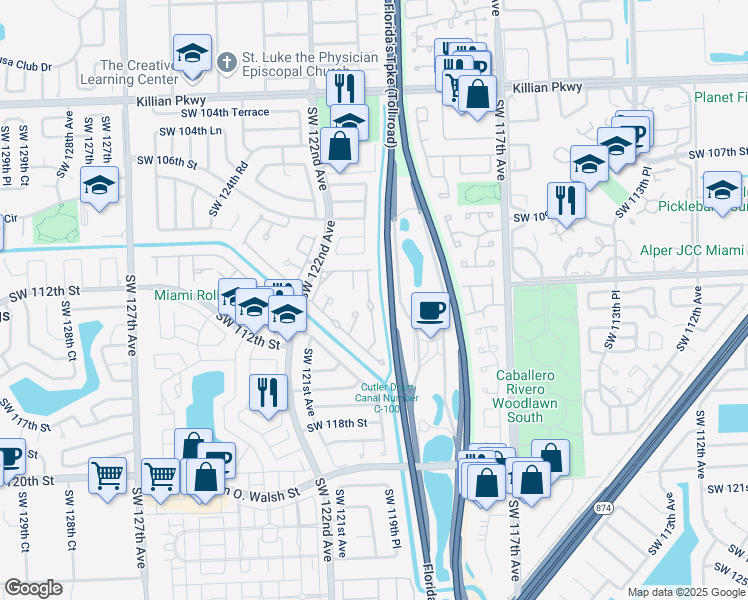 map of restaurants, bars, coffee shops, grocery stores, and more near 11919 Southwest 110th Street Circle West in Miami
