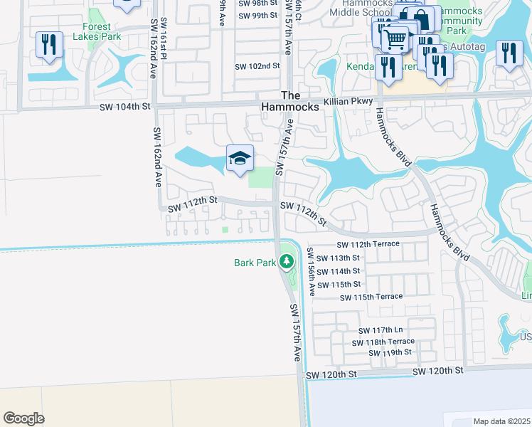 map of restaurants, bars, coffee shops, grocery stores, and more near SW 162nd Ave & SW 96th St in Miami