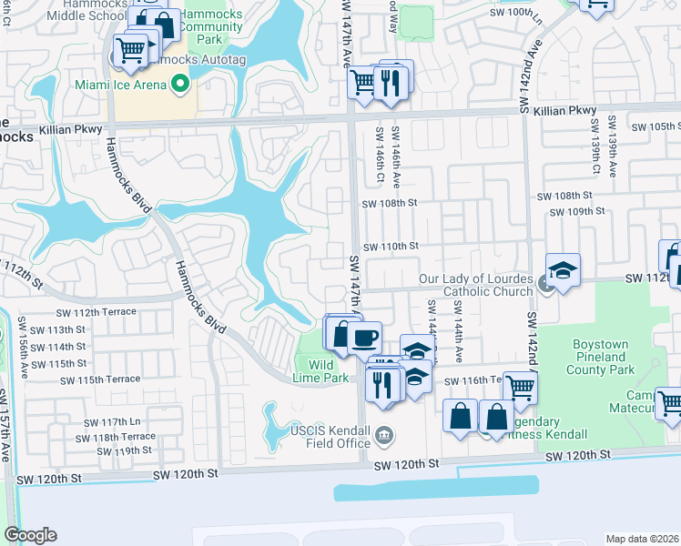 map of restaurants, bars, coffee shops, grocery stores, and more near 14712 Southwest 111th Terrace in Miami