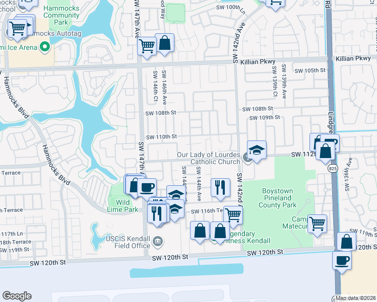 map of restaurants, bars, coffee shops, grocery stores, and more near 14461 Southwest 111th Terrace in Miami