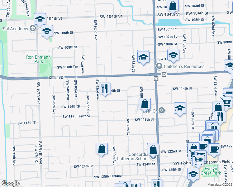map of restaurants, bars, coffee shops, grocery stores, and more near 8960 Southwest 114th Street in Miami