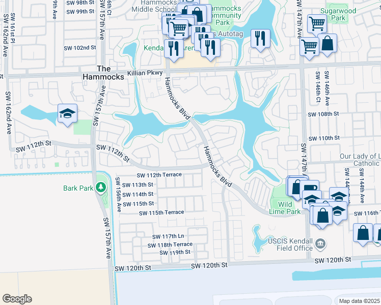 map of restaurants, bars, coffee shops, grocery stores, and more near 15261 Southwest 111th Street in Miami