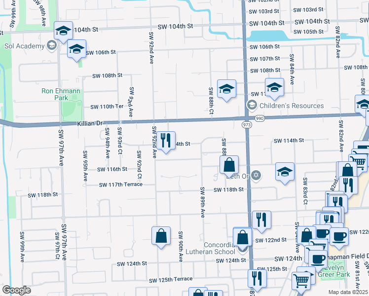 map of restaurants, bars, coffee shops, grocery stores, and more near 8960 Southwest 114th Street in Miami