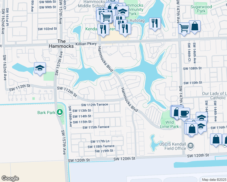 map of restaurants, bars, coffee shops, grocery stores, and more near 15261 Southwest 111th Street in Miami