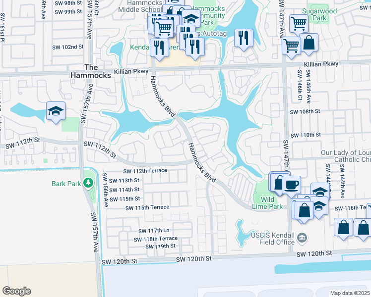map of restaurants, bars, coffee shops, grocery stores, and more near 11051 Southwest 152nd Court in Miami