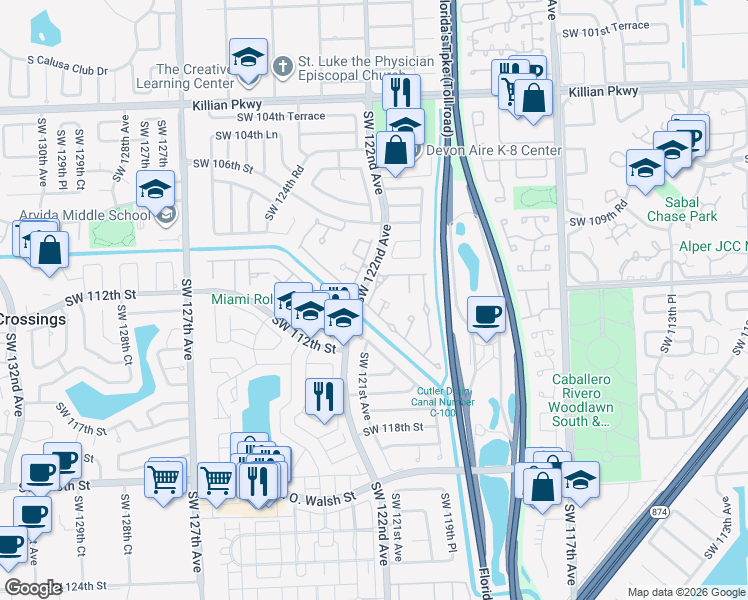 map of restaurants, bars, coffee shops, grocery stores, and more near 12122 Southwest 110th Street Circle South in Miami
