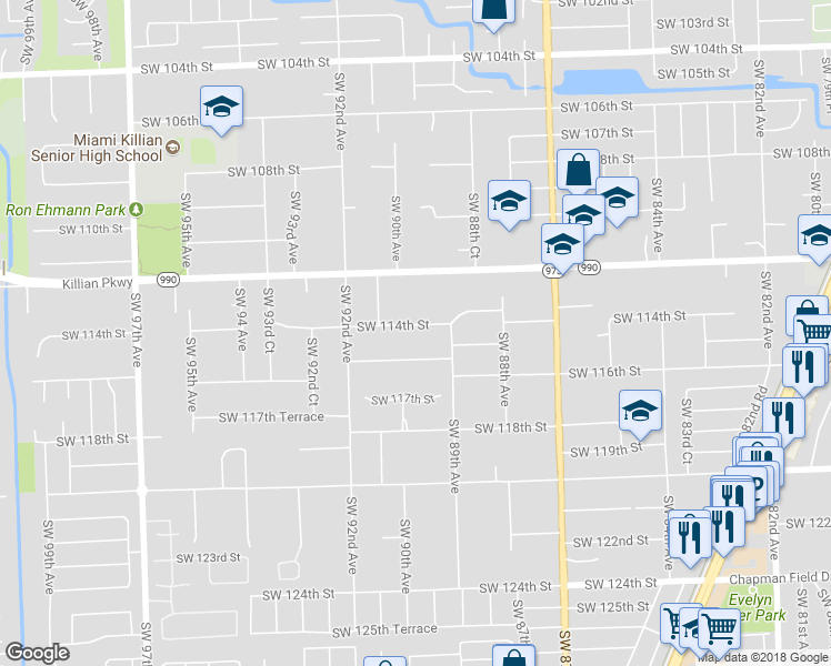 map of restaurants, bars, coffee shops, grocery stores, and more near 8960 Southwest 114th Street in Miami