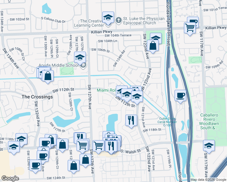map of restaurants, bars, coffee shops, grocery stores, and more near 12407 Southwest 112th Terrace in Miami