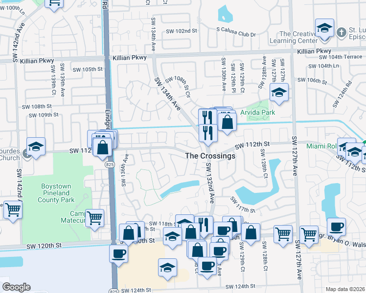 map of restaurants, bars, coffee shops, grocery stores, and more near 13236 Southwest 111th Terrace in Miami